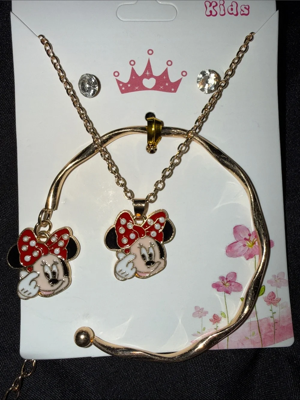 Kids Gold-Tone Necklace , earring & BraceletSet with Red Bow Character Charm